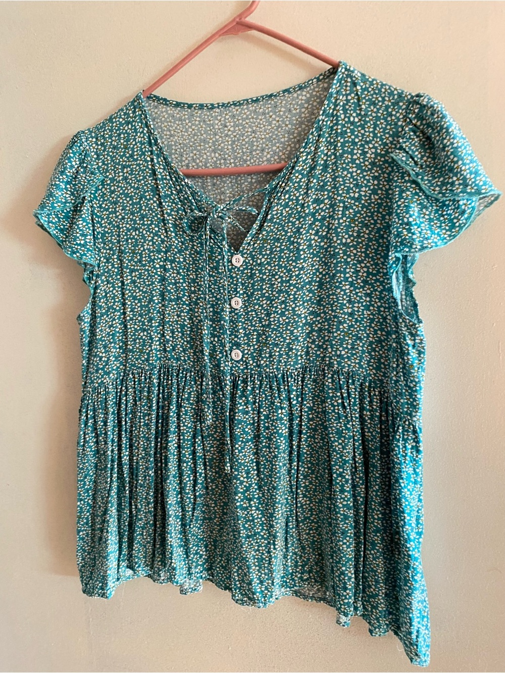 SHEIN Teal Floral Tie-Front Button Babydoll Blouse